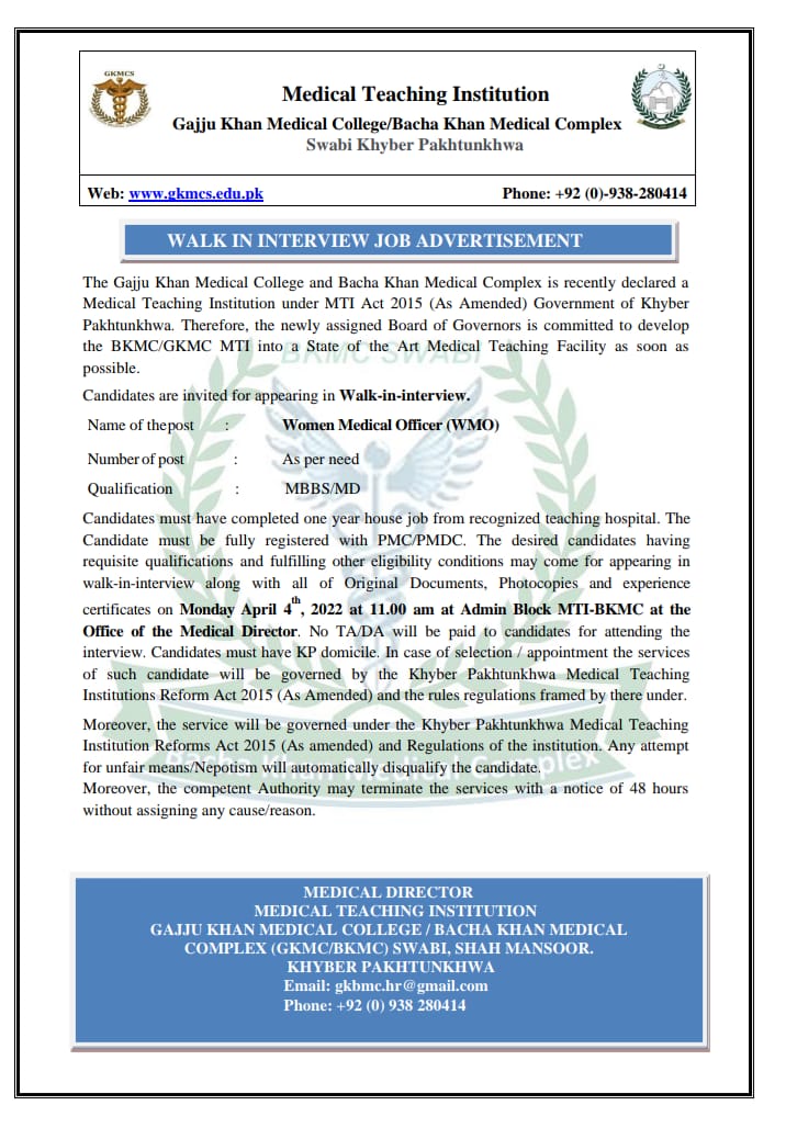 Walk in Interview for the post of WMO on 04-04-2022  MTI-BKMC Swabi.