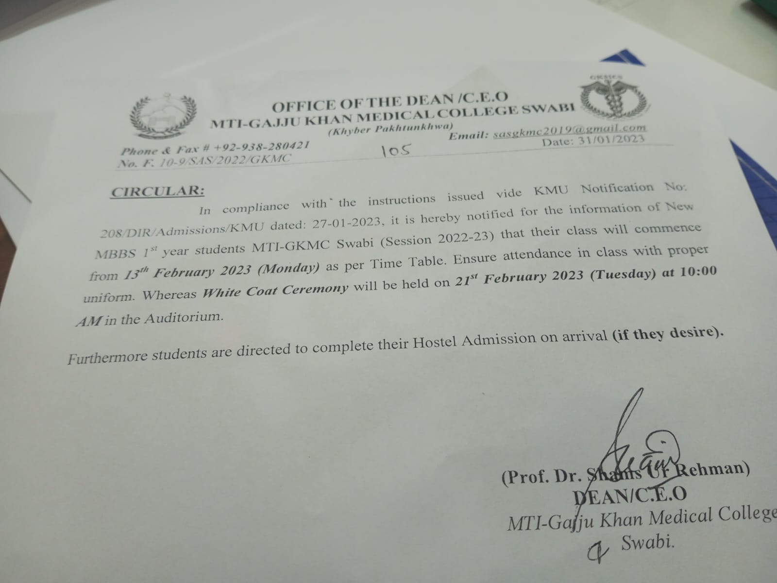 it is hereby notified for the information of New MBBS 1st year students MTI-GKMC Swabi (Session 2022-23) that their class will commence from 13th February 2023 (Monday) as per Time Table.